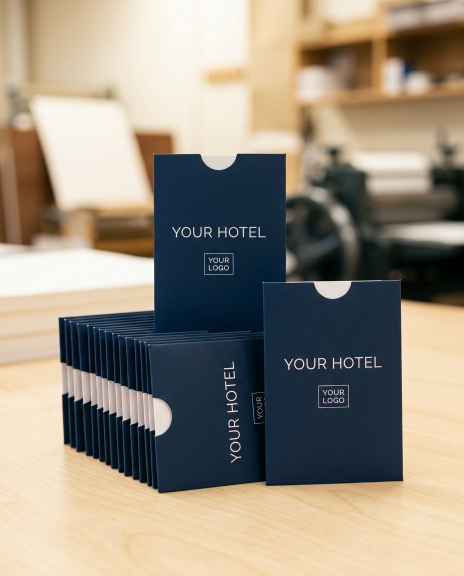 Freshly printed branded hotel key card holders on a print workshop bench, printing press behind
