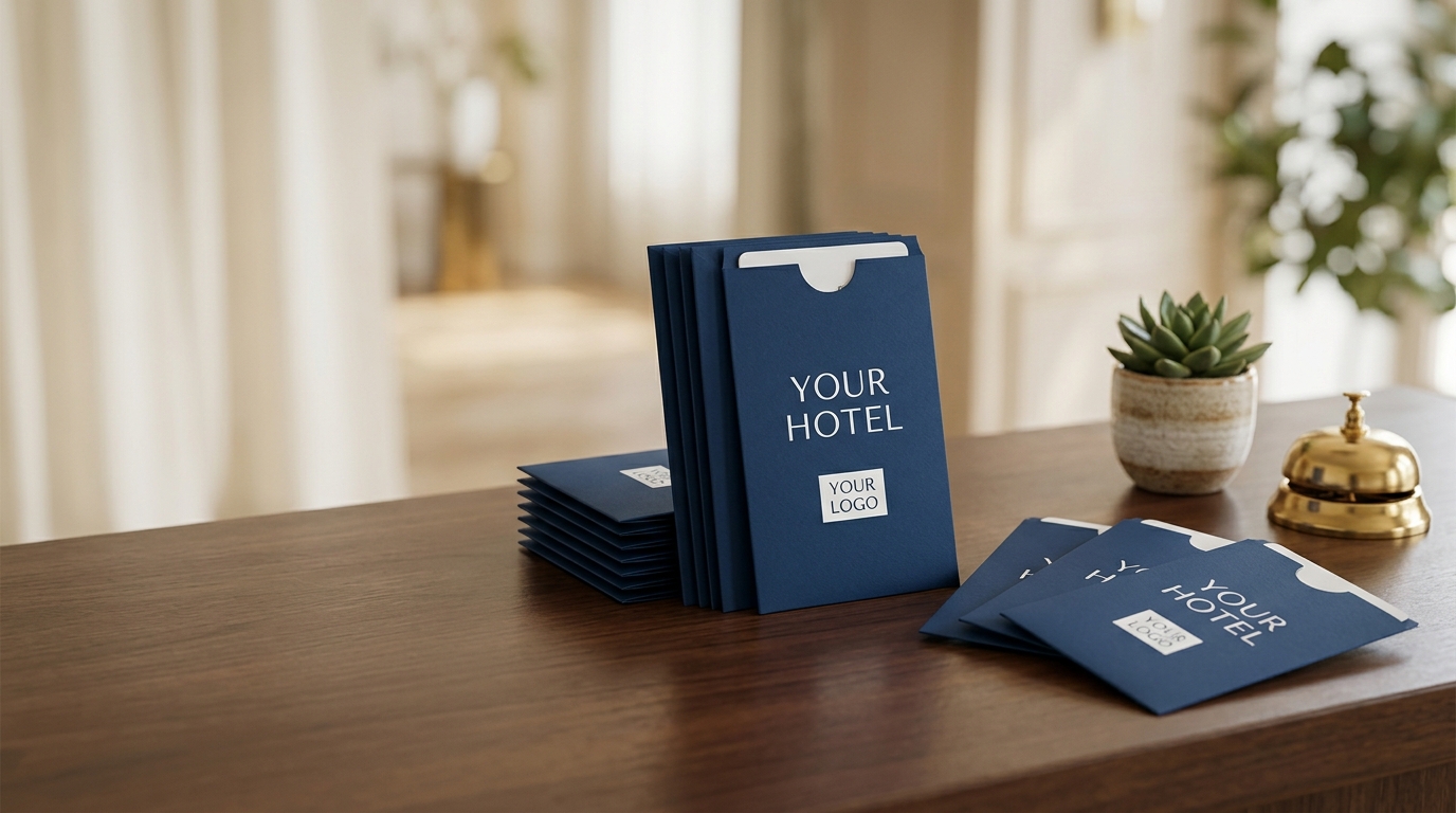 Branded hotel key card holders on a reception desk