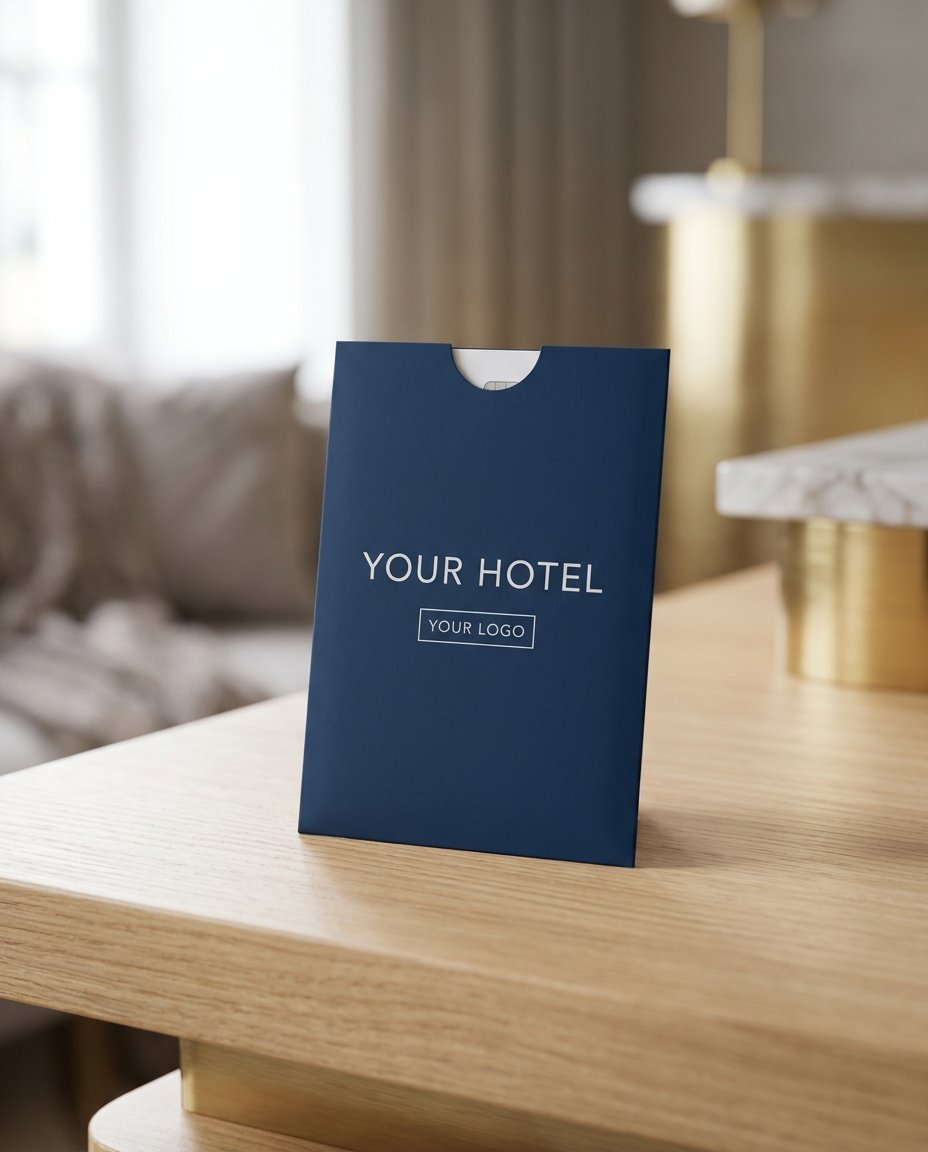 Custom printed hotel key card wallet branded with a hotel logo